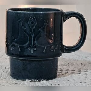 Blue Folk Art Style Vintage Ceramic Mug With Bird Design